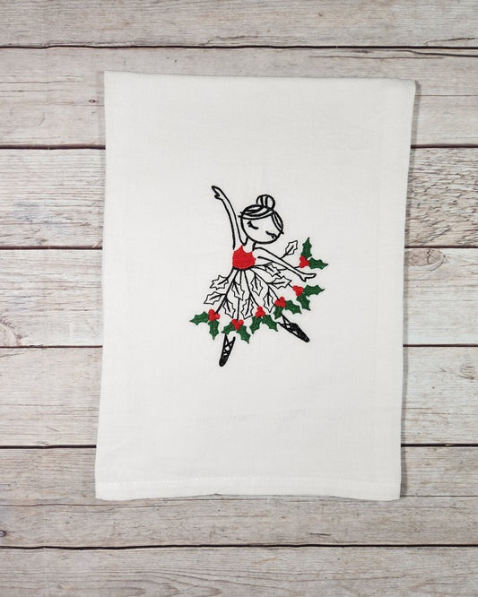 Christmas Dish Towel, Ballet Gift, Embroidered Dish Towel, Flour Sack Tea Towel, Kitchen Tea Towel