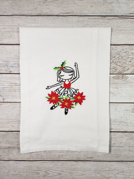 Pretty Christmas Dish Towel, Embroidered Dish Towel, Flour Sack Tea Towel, Kitchen Tea Towel, Poinsettia Towel