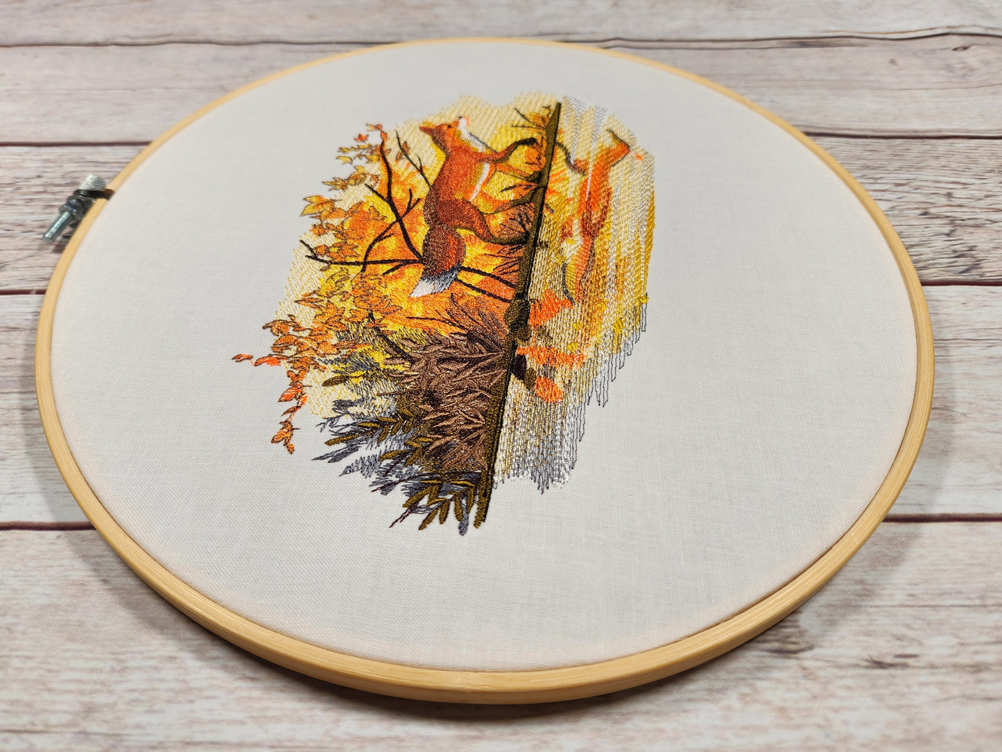 Finished Embroidery, Fall Wall Art, 10 inch Hoop, Embroidered Hoop Art, Fox Hoop, Fox Embroidery