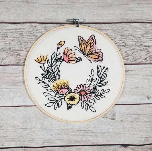 Orange Butterfly and Flowers Hoop Art, 8 inch hoop, Embroidered Wall Decor, Butterfly Embroidery, Finished Embroidery Hoop