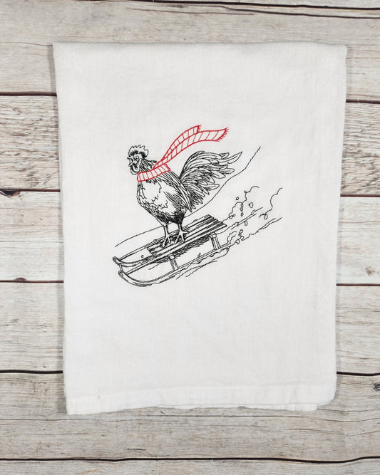 Christmas Chicken Tea Towel, Embroidered Chicken Flour Sack Towel, Chicken Decor