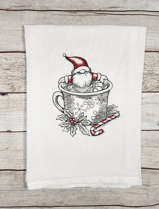 Christmas Gnome Tea Towel, Embroidered Gnome Flour Sack Towel, Gnome Dish Towel
