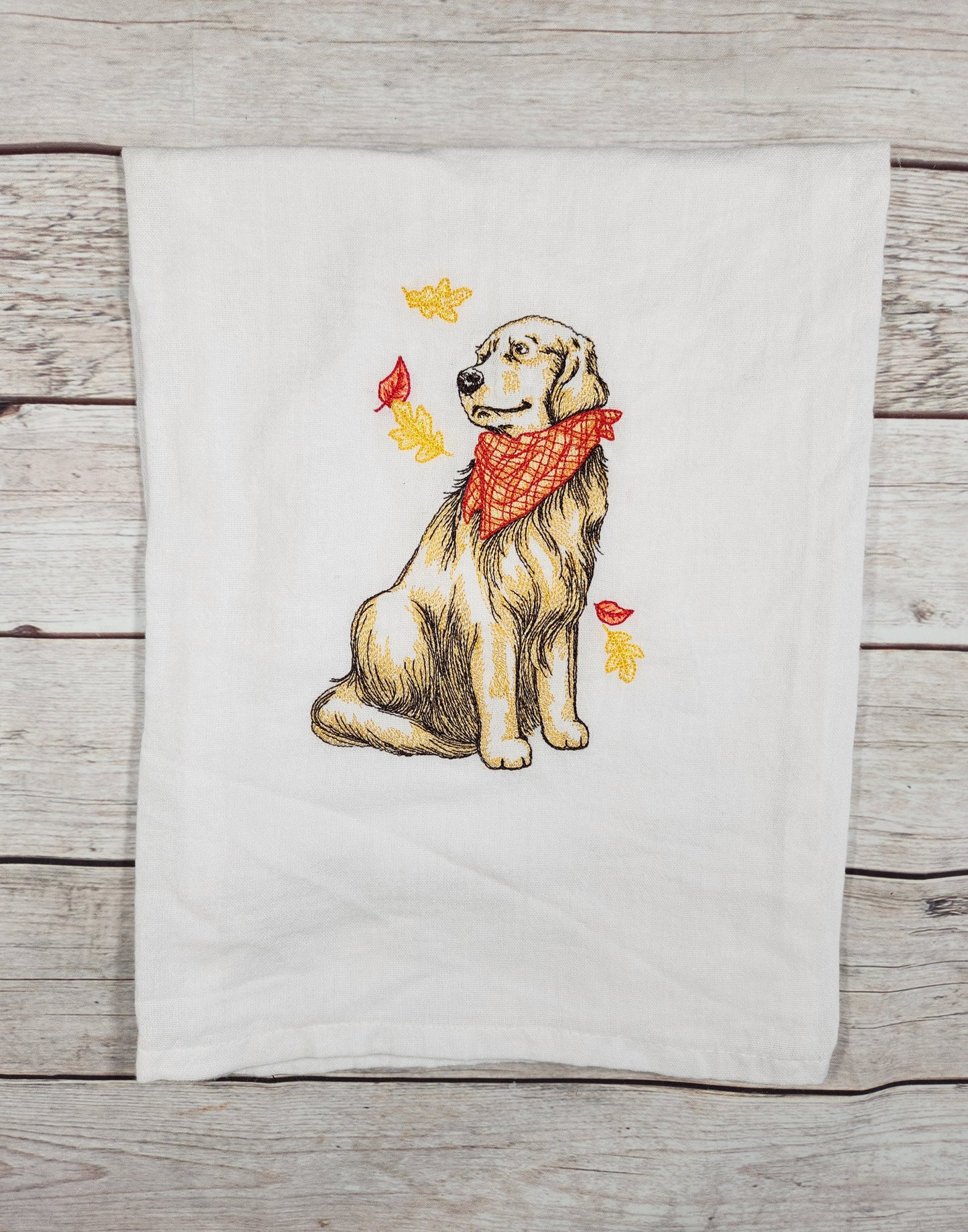 Fall Tea Towel, Embroidered Dog Flour Sack Towel, Fall Dog Decor