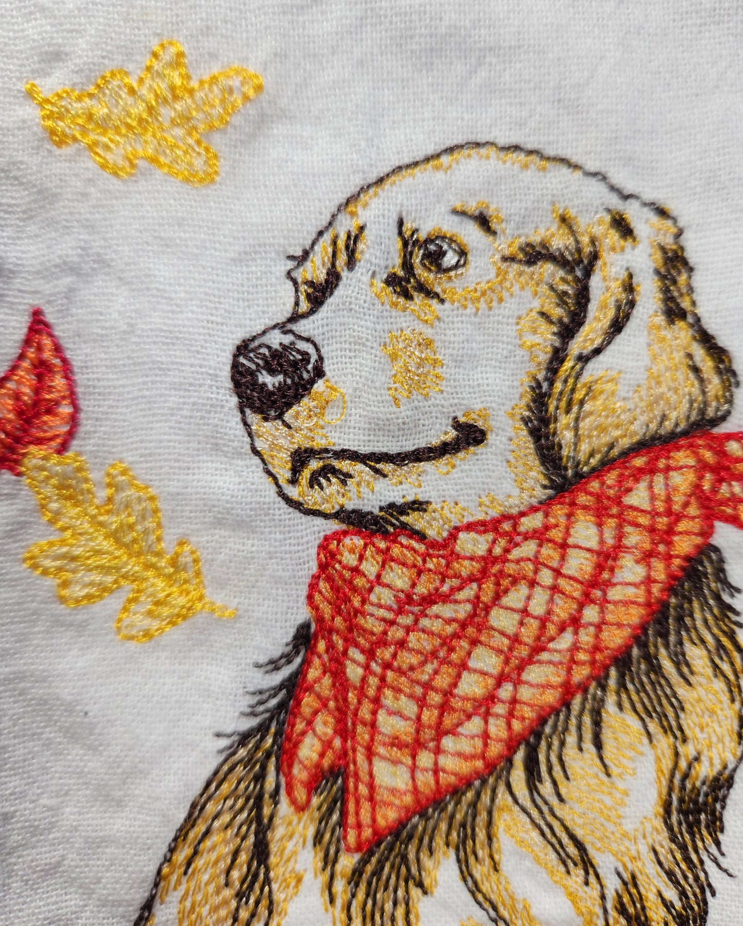 Fall Tea Towel, Embroidered Dog Flour Sack Towel, Fall Dog Decor