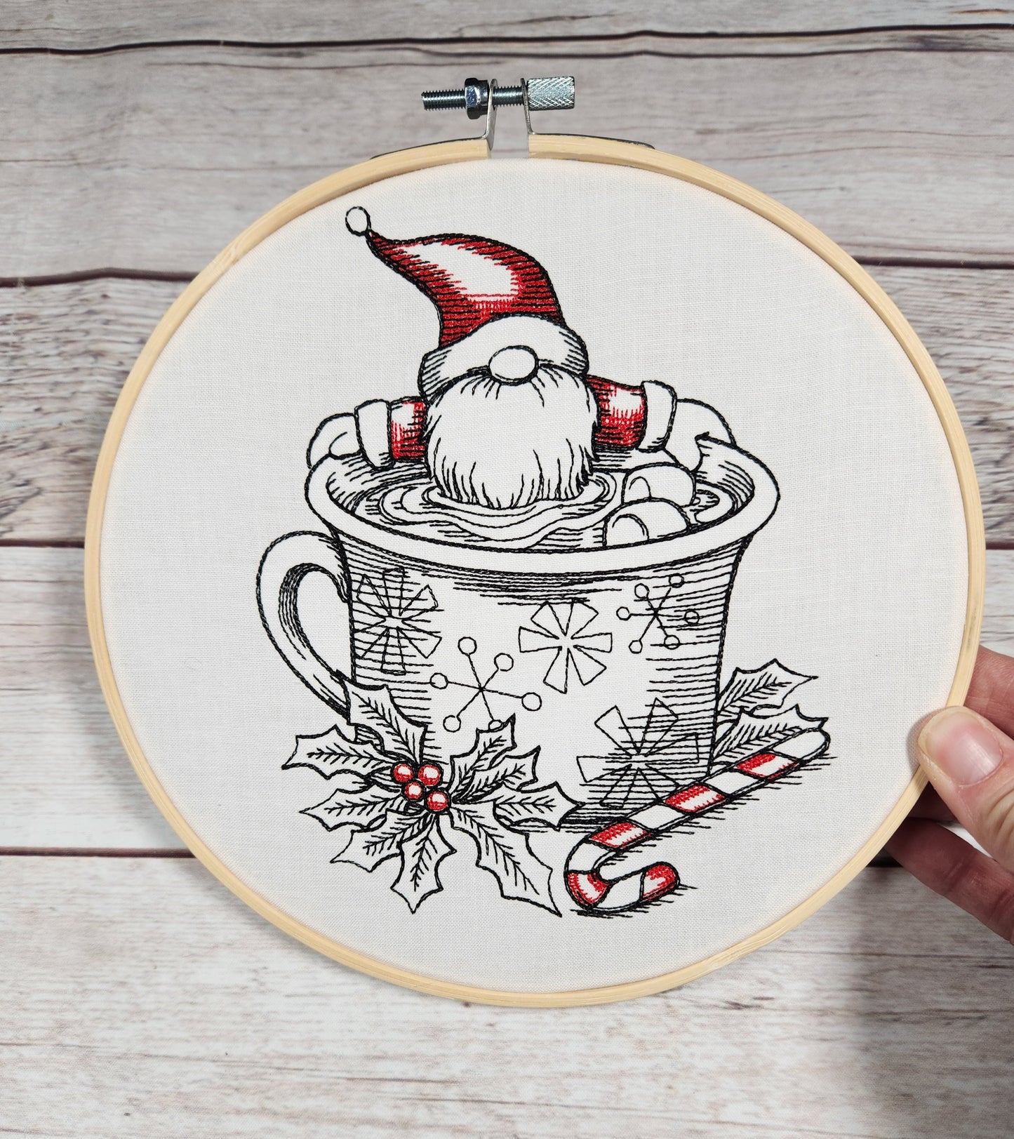 Christmas Wall Art, Christmas Gnome, Ready to Hang, Embroidered Wall Art, 8 inch hoop Embroidery, Winter Decoration, Finished Embroidery