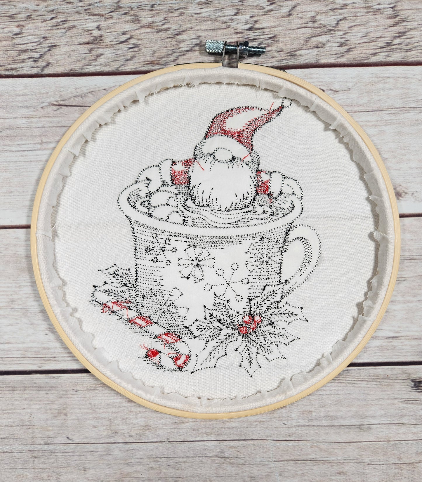 Christmas Wall Art, Christmas Gnome, Ready to Hang, Embroidered Wall Art, 8 inch hoop Embroidery, Winter Decoration, Finished Embroidery