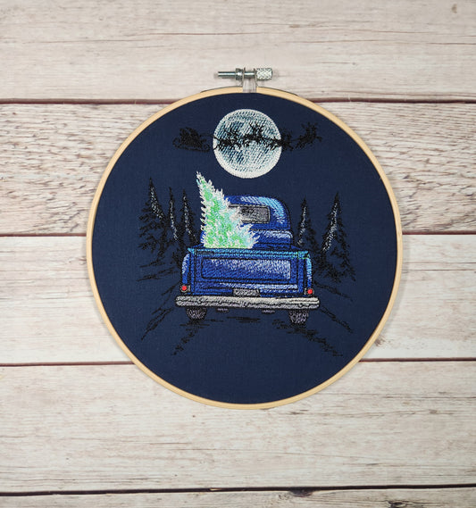 Finished Embroidery, Christmas Wall Art, Retro Truck, Ready to Hang, Embroidered Wall Art, 8 inch hoop Embroidery, Winter Decoration