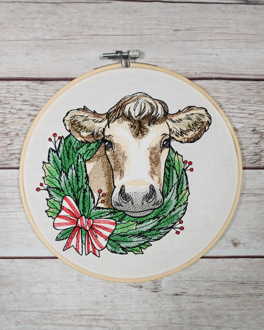 Finished Embroidery, Christmas Wall Art, Christmas Cow, Ready to Hang, Embroidered Wall Art, 8 inch hoop Embroidery, Winter Decoration