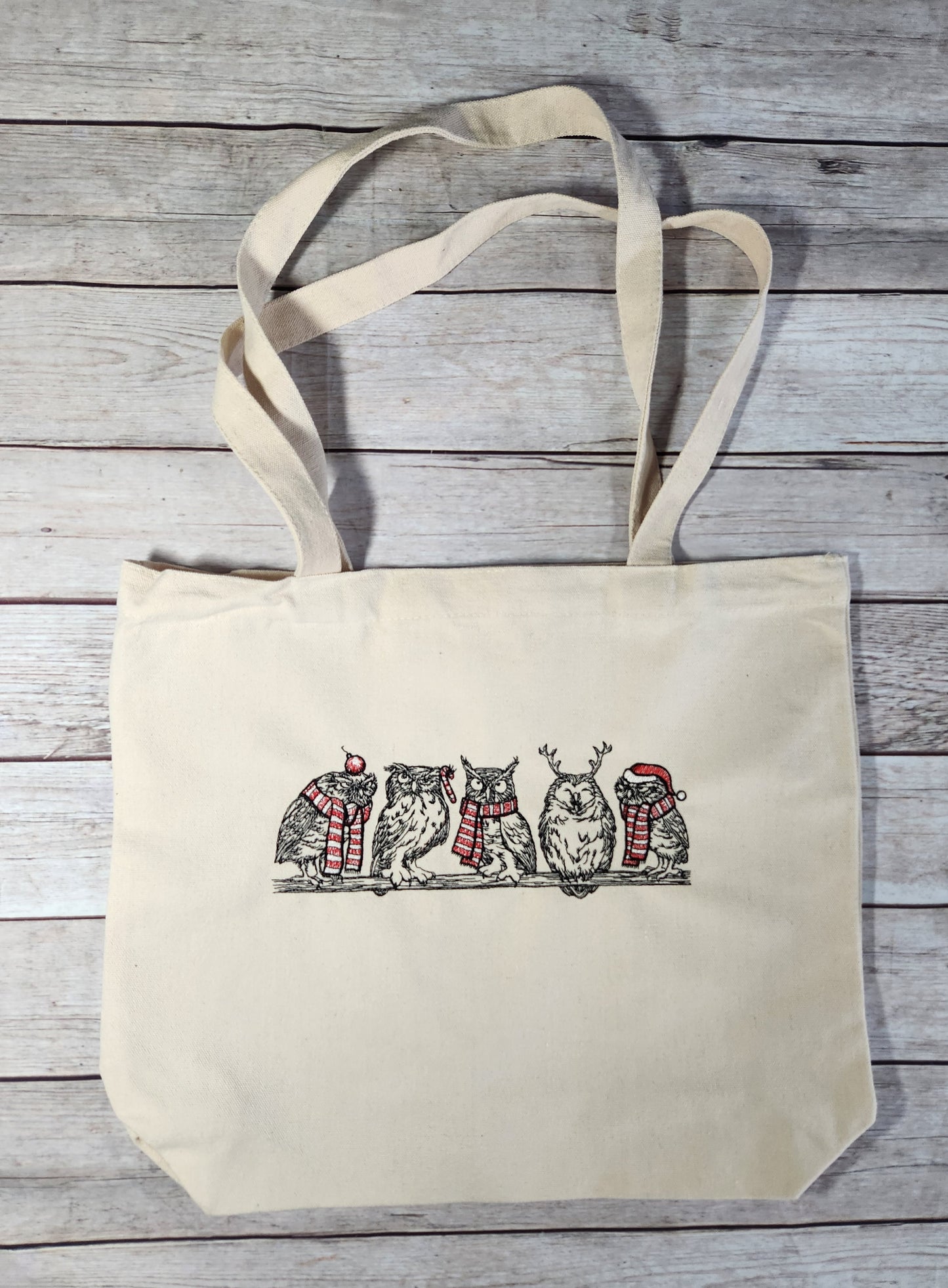 Funny Christmas Owl Tote Bag, Embroidered Canvas Bag