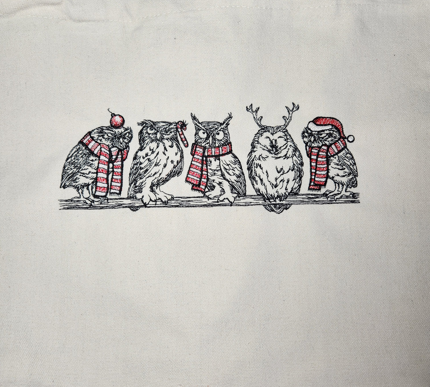 Funny Christmas Owl Tote Bag, Embroidered Canvas Bag