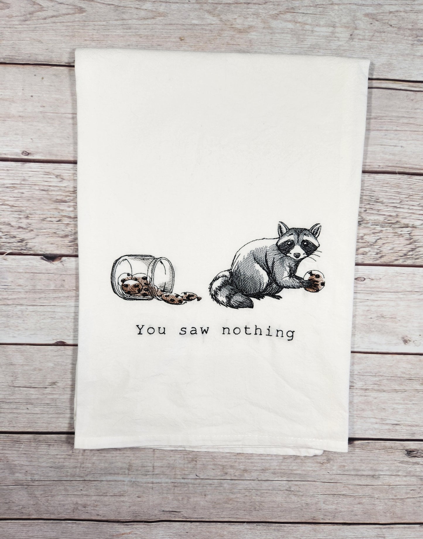 Funny Raccoon Tea Towel, Embroidered Flour Sack Towel