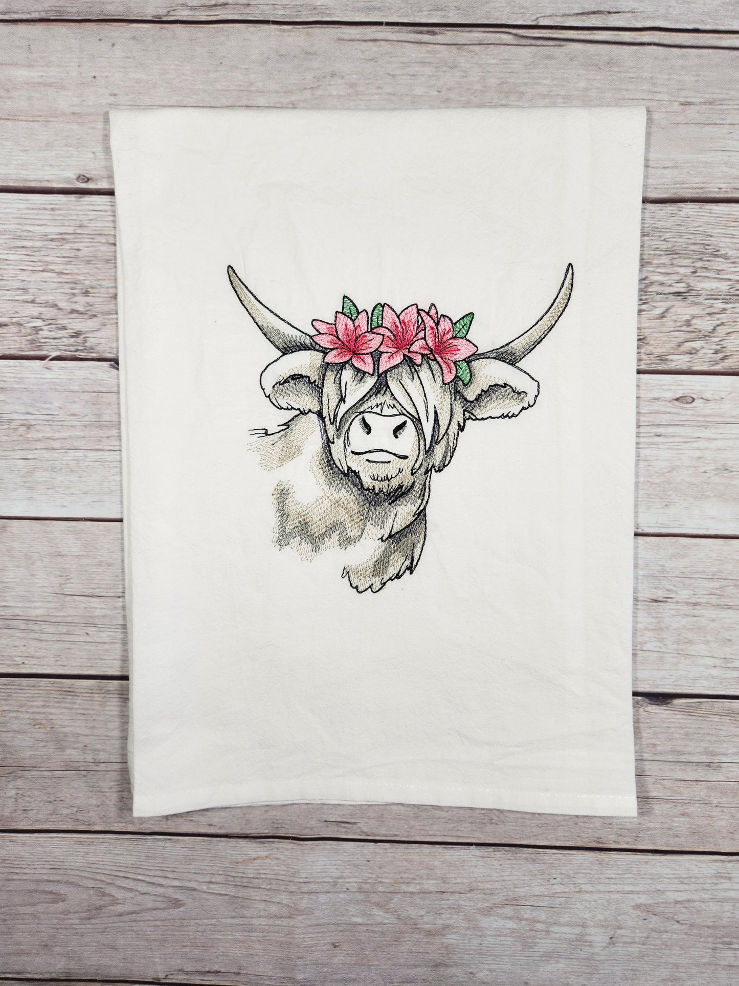 Highland Cow Tea Towel, Embroidered Flour Sack Tea Towel