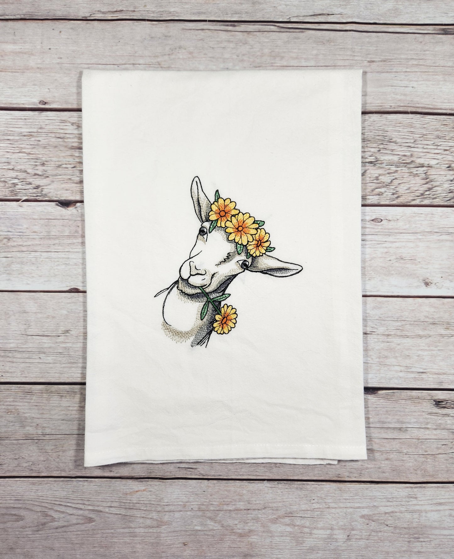 Spring Goat Tea Towel, Embroidered Flour Sack Towel