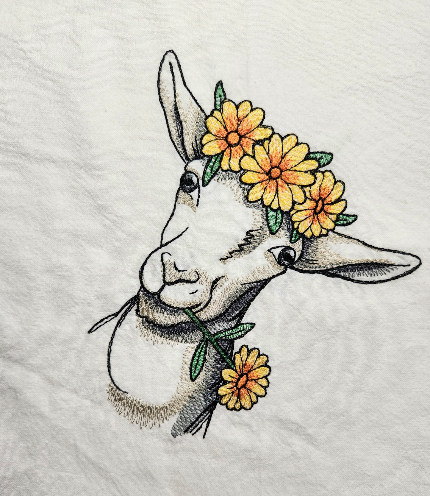 Spring Goat Tea Towel, Embroidered Flour Sack Towel