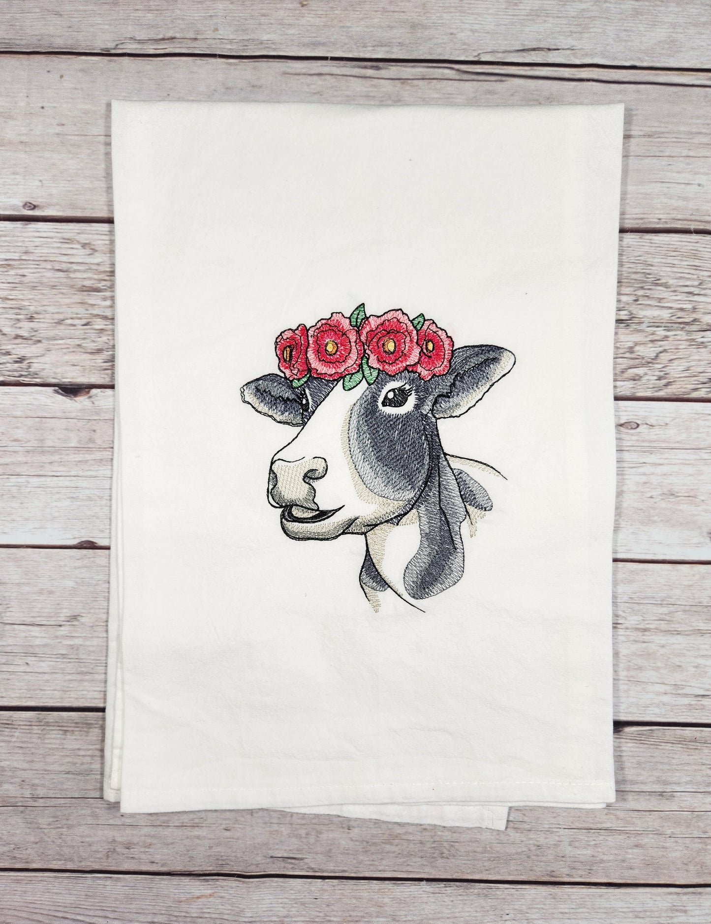 Spring Cow Tea Towel, Embroidered Flour Sack Towel