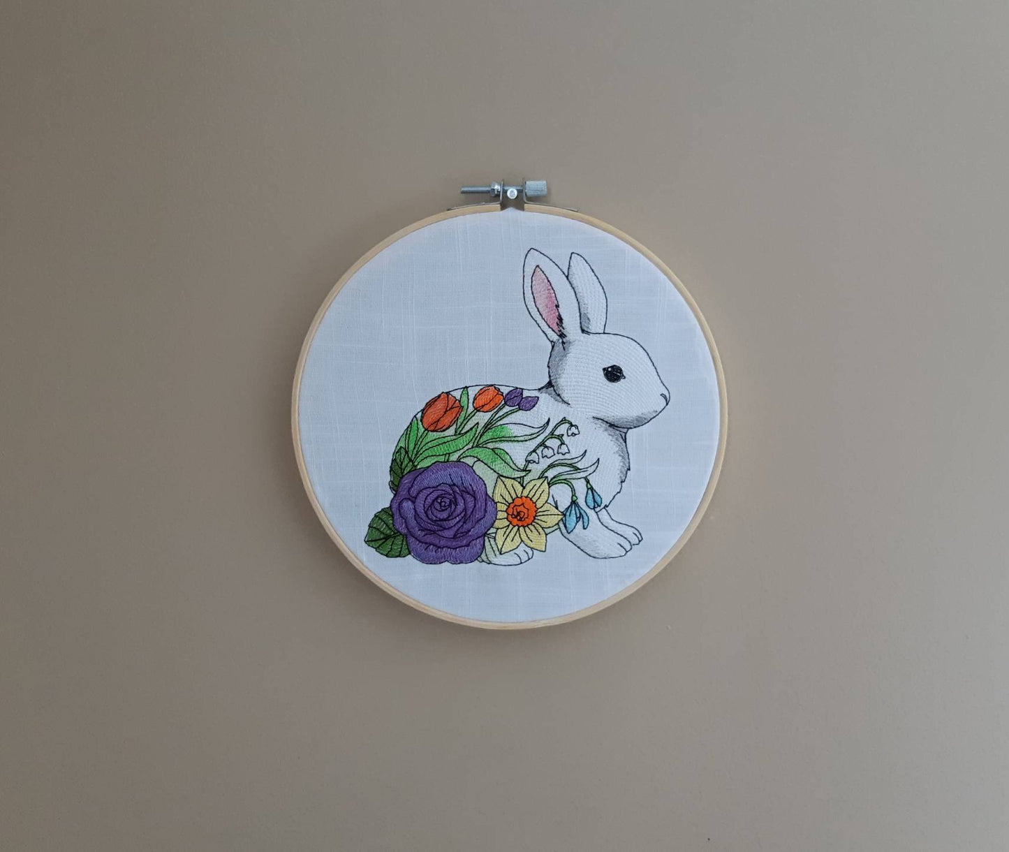 Flower Bunny Embroidered Hoop Art, 8 inch hoop