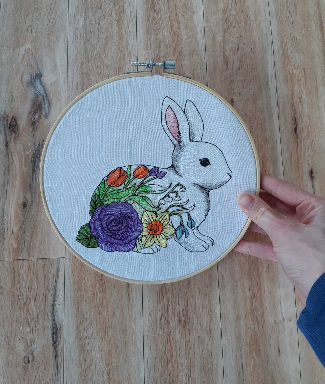 Flower Bunny Embroidered Hoop Art, 8 inch hoop