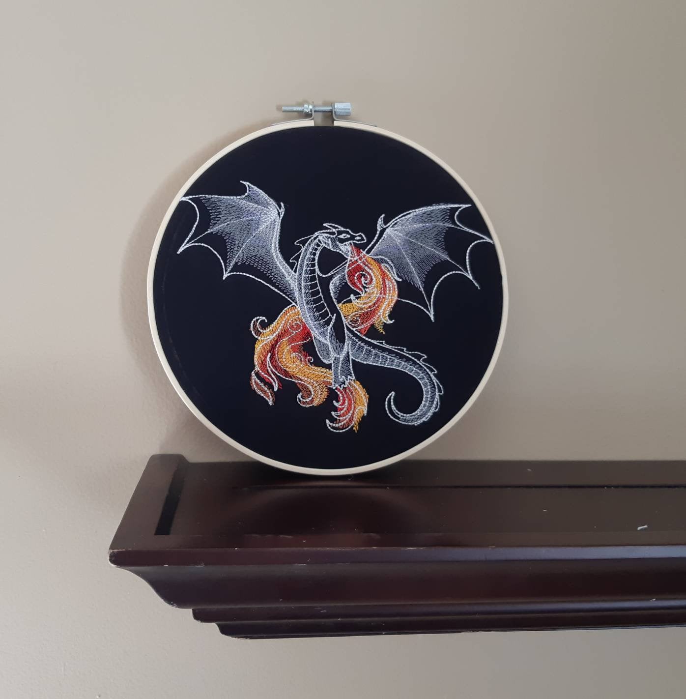 Fiery Dragon Embroidery Hoop Art, 8 inch hoop