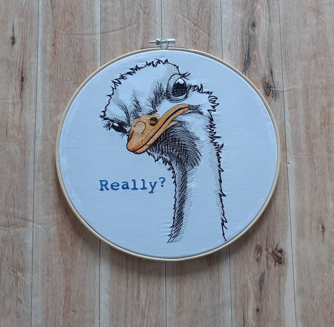 Embroidered Ostrich Hoop art, 10 inch Hoop