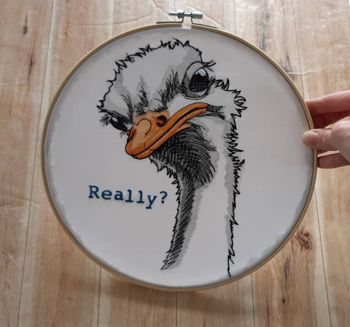 Embroidered Ostrich Hoop art, 10 inch Hoop