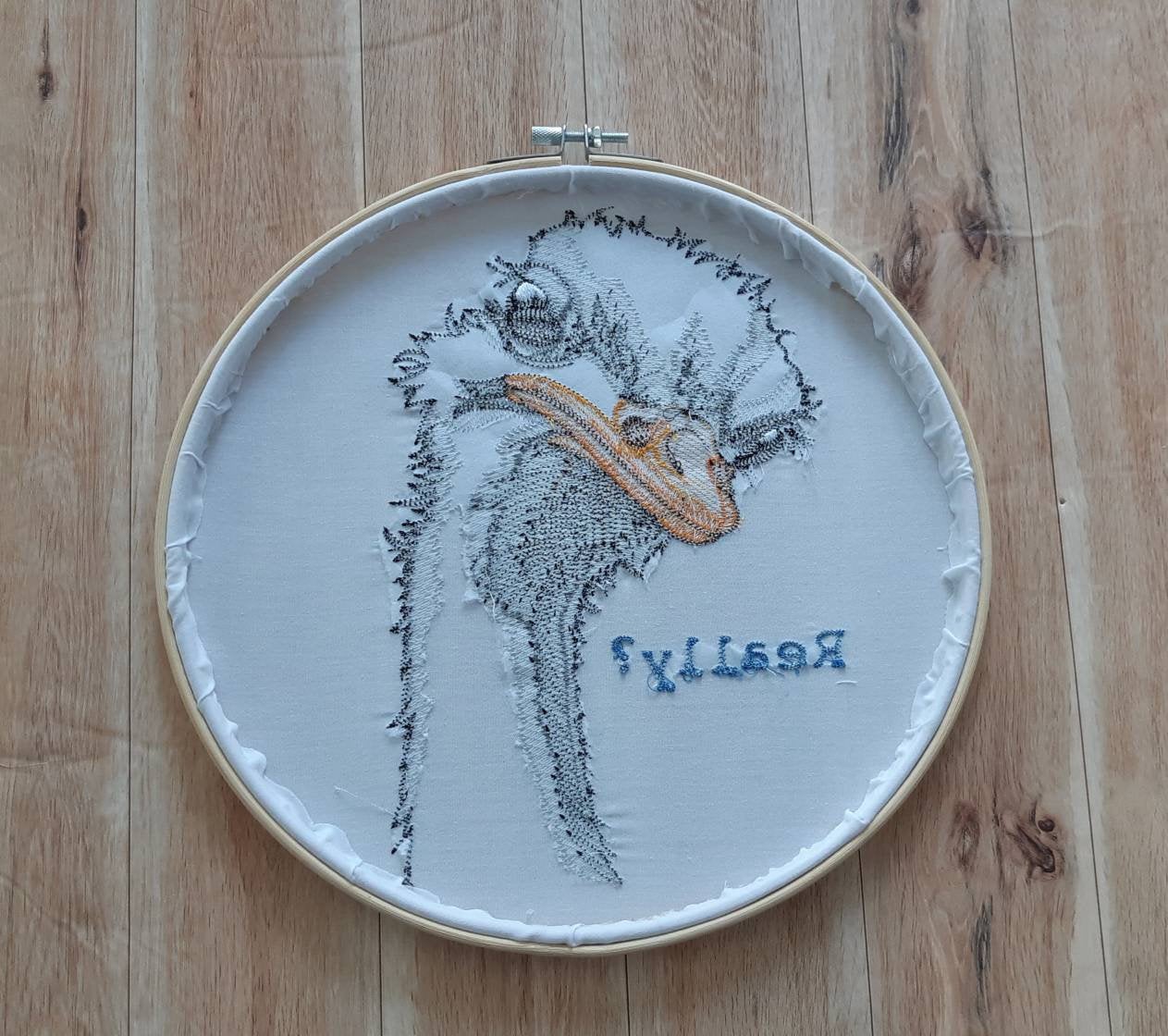 Embroidered Ostrich Hoop art, 10 inch Hoop