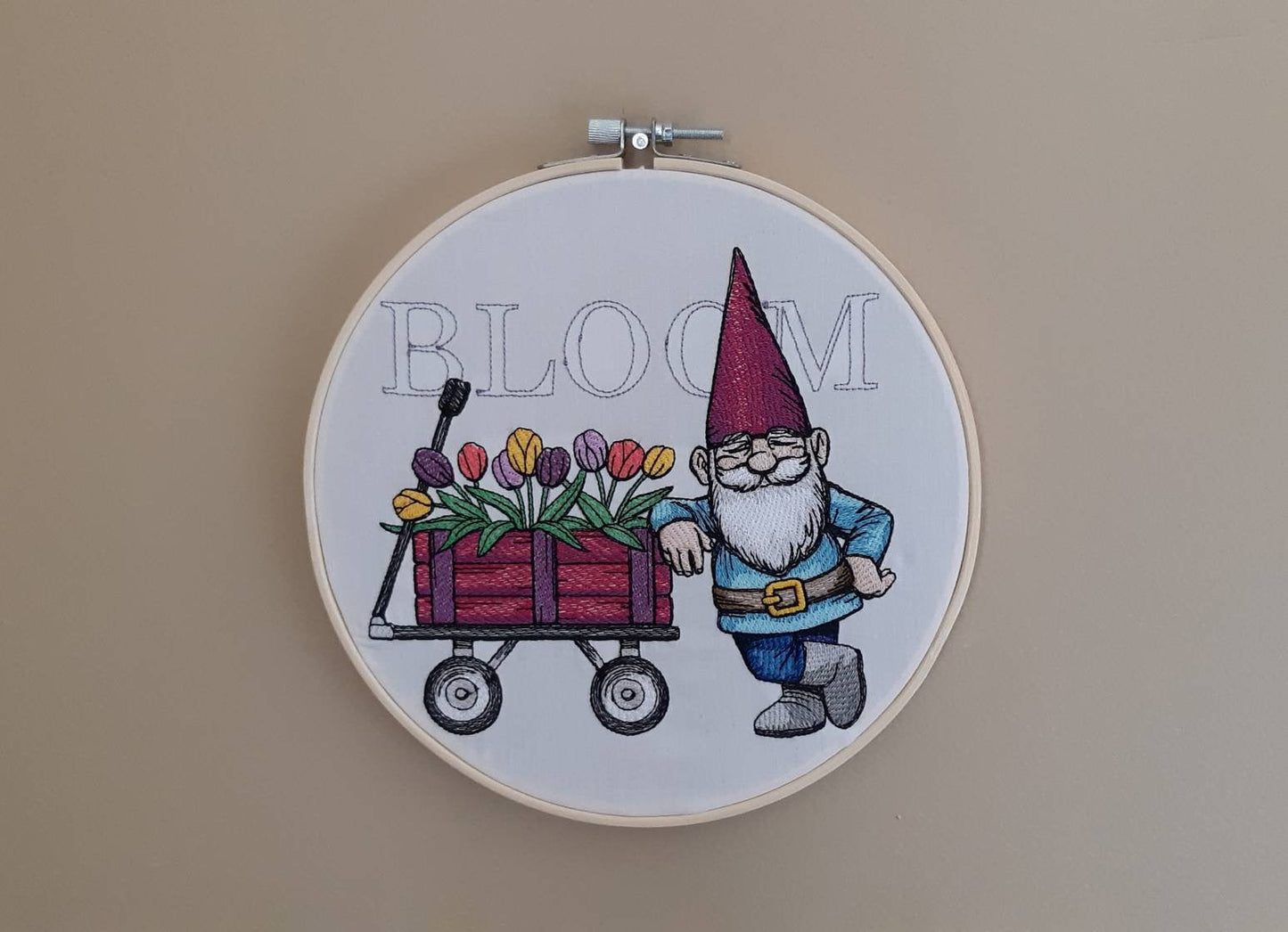 Embroidered Gnome Spring Hoop Art, 8" Hoop