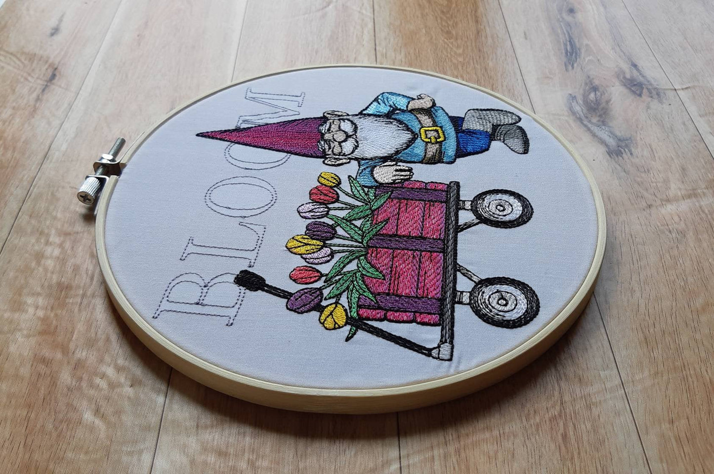 Embroidered Gnome Spring Hoop Art, 8" Hoop