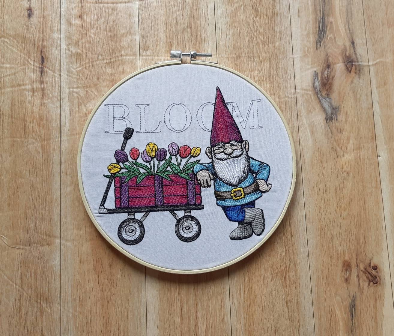 Embroidered Gnome Spring Hoop Art, 8" Hoop