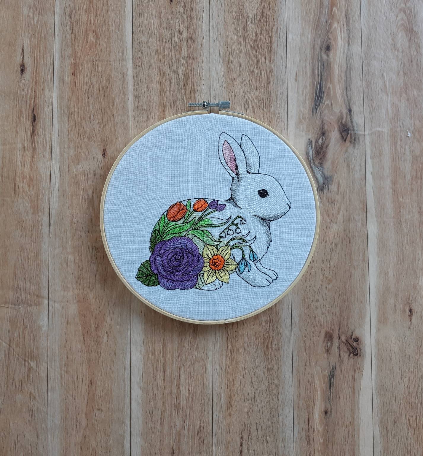 Flower Bunny Embroidered Hoop Art, 8 inch hoop