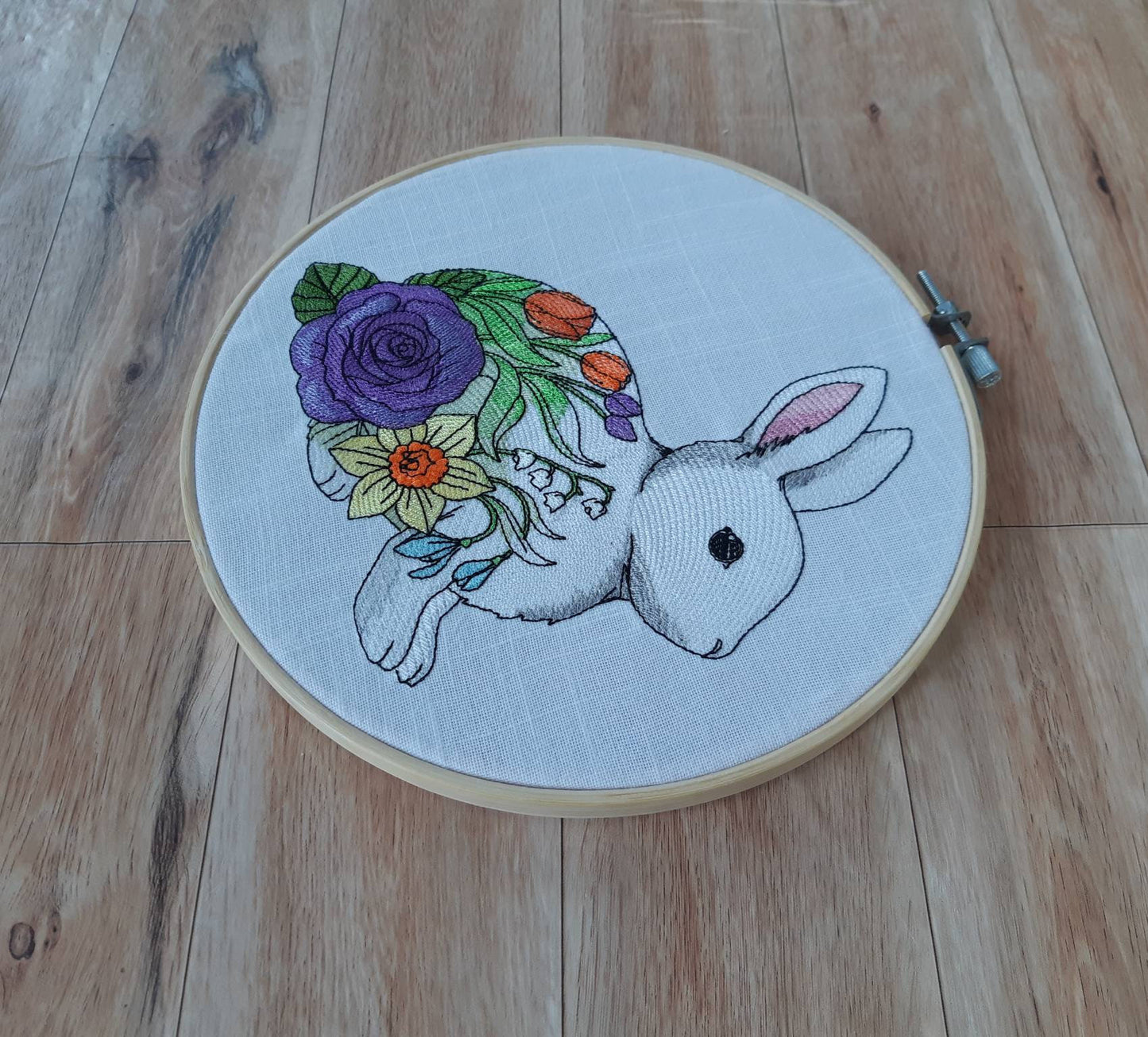 Flower Bunny Embroidered Hoop Art, 8 inch hoop