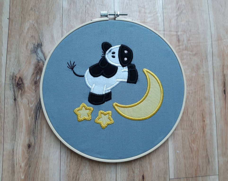 Cow Jumping Over the Moon Appliqued Wall Art, 8" Hoop