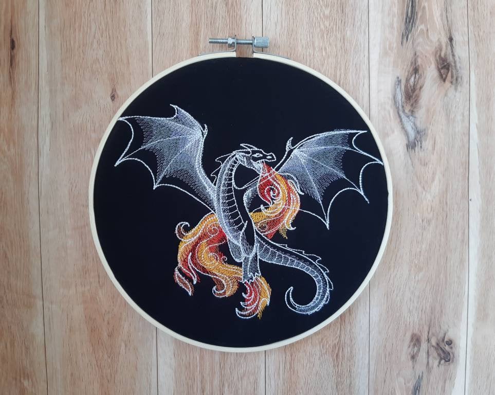 Fiery Dragon Embroidery Hoop Art, 8 inch hoop