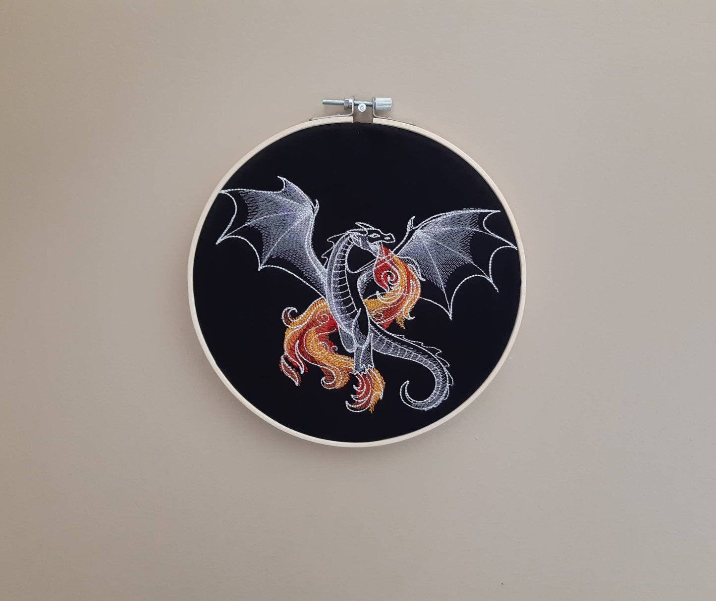 Fiery Dragon Embroidery Hoop Art, 8 inch hoop