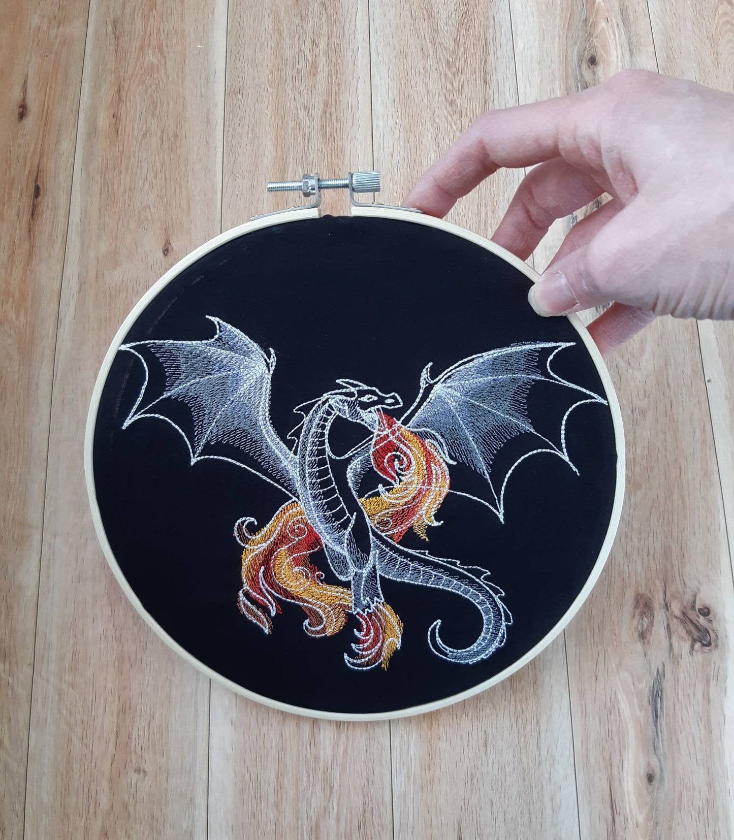 Fiery Dragon Embroidery Hoop Art, 8 inch hoop