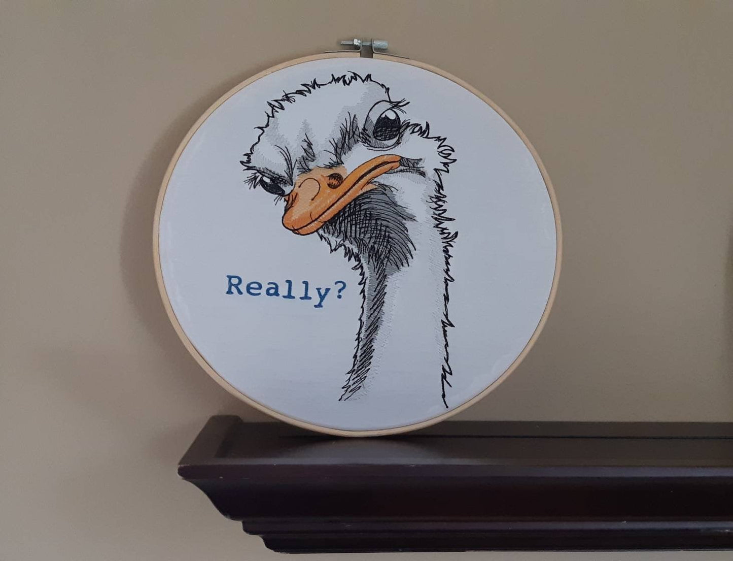 Embroidered Ostrich Hoop art, 10 inch Hoop