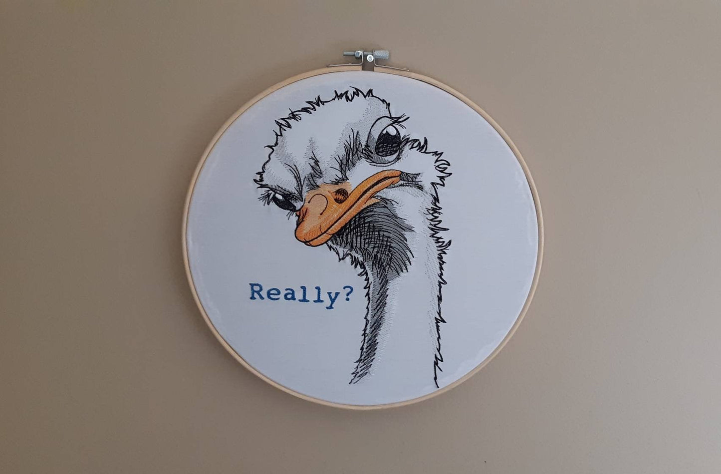 Embroidered Ostrich Hoop art, 10 inch Hoop