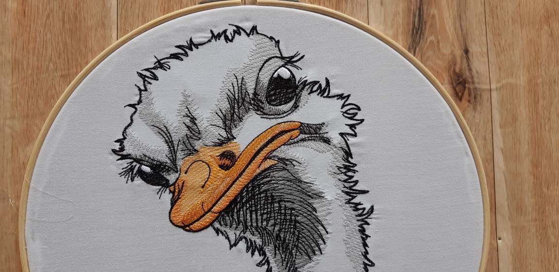 Embroidered Ostrich Hoop art, 10 inch Hoop