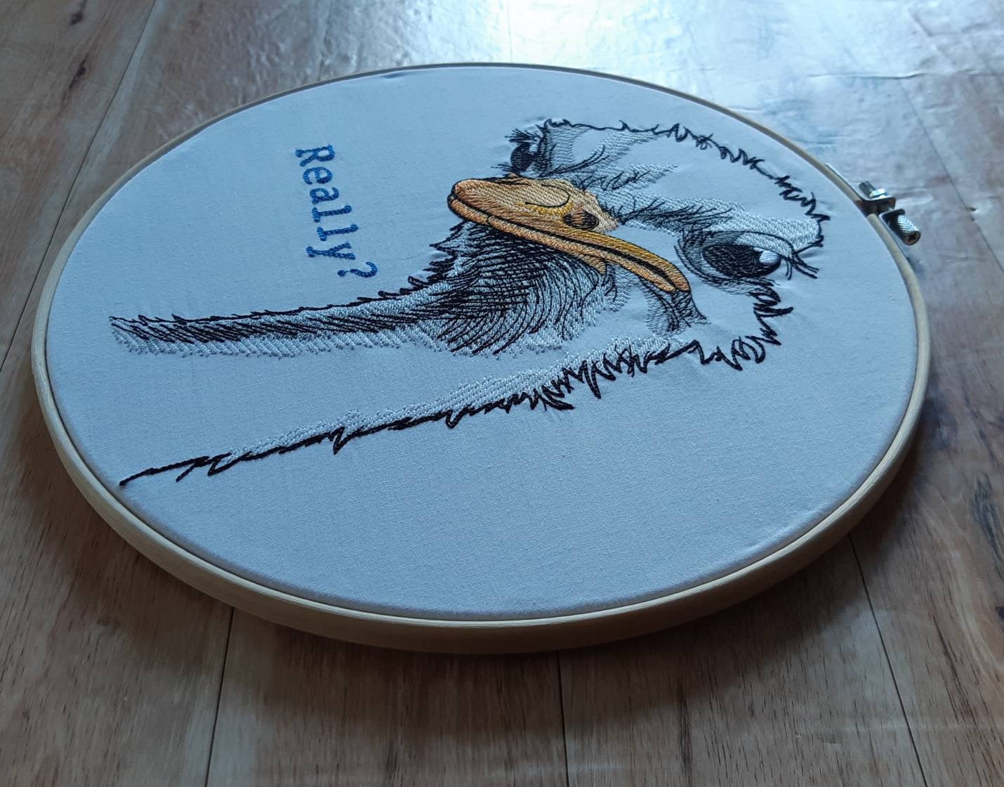 Embroidered Ostrich Hoop art, 10 inch Hoop