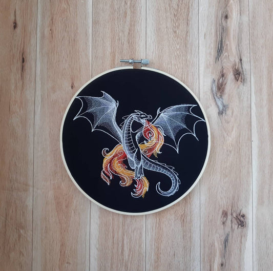 Fiery Dragon Embroidery Hoop Art, 8 inch hoop
