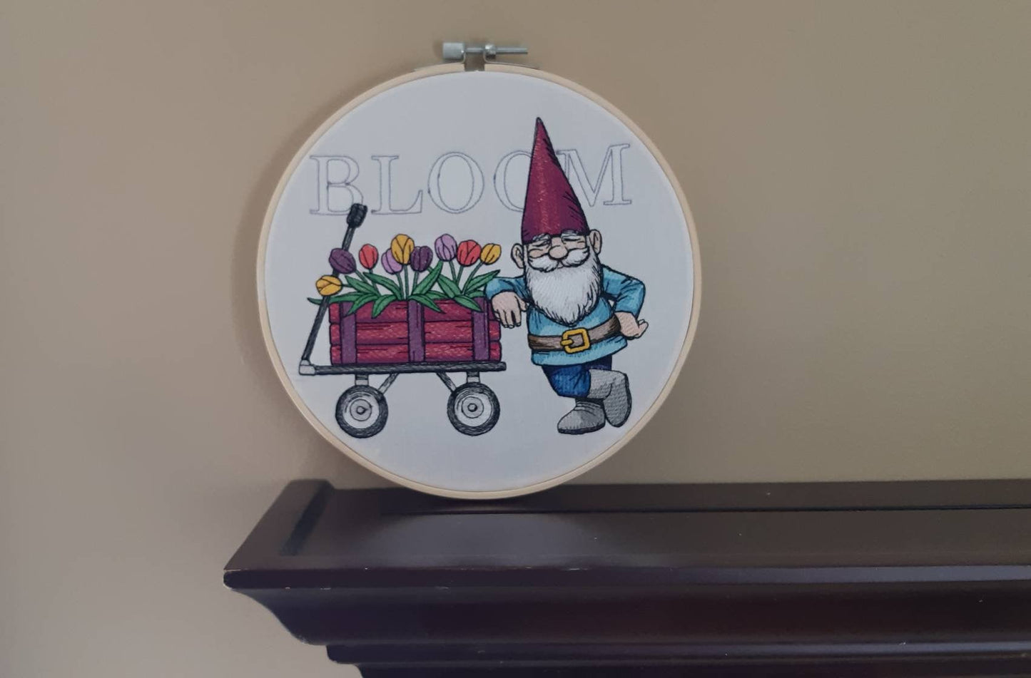 Embroidered Gnome Spring Hoop Art, 8" Hoop