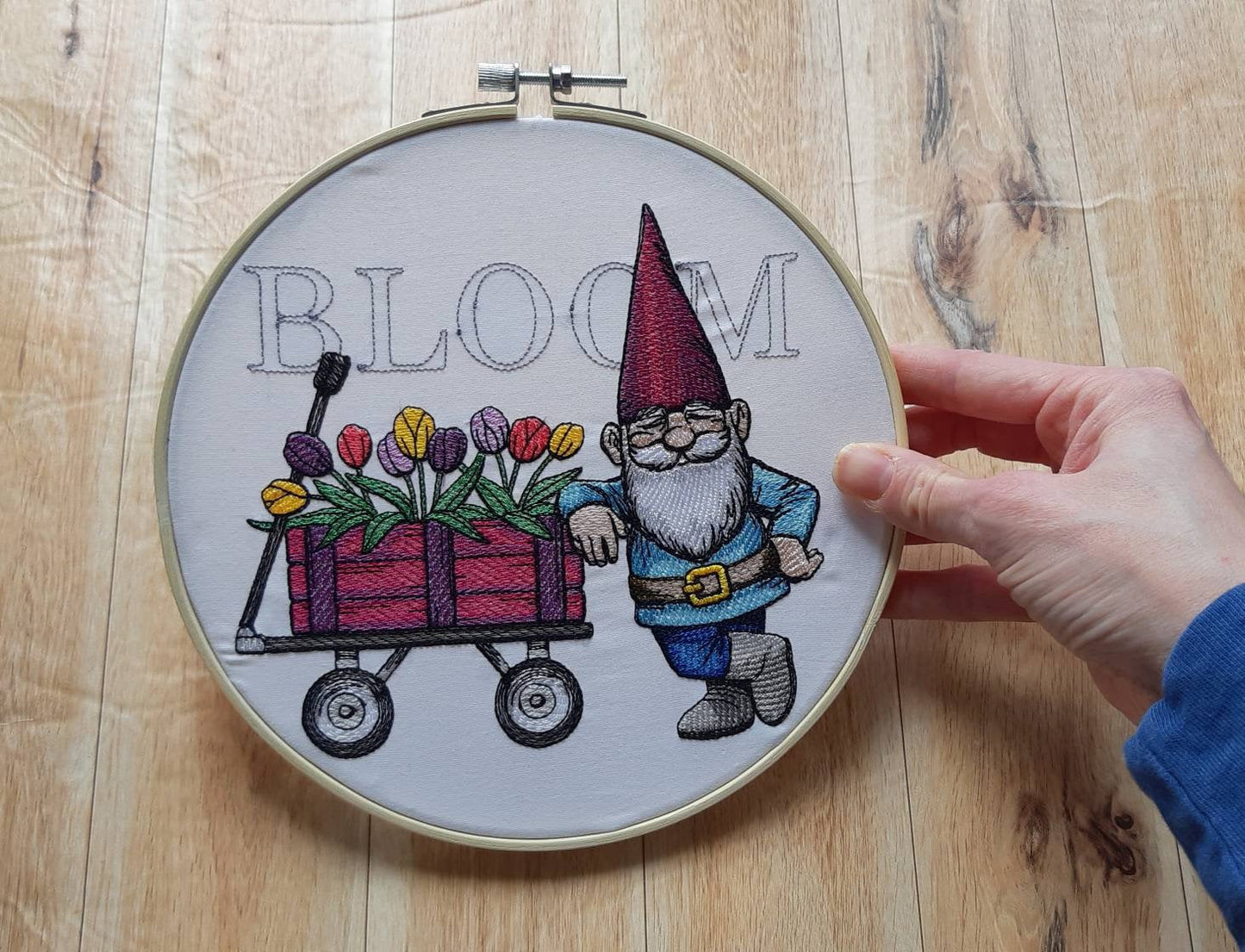 Embroidered Gnome Spring Hoop Art, 8" Hoop