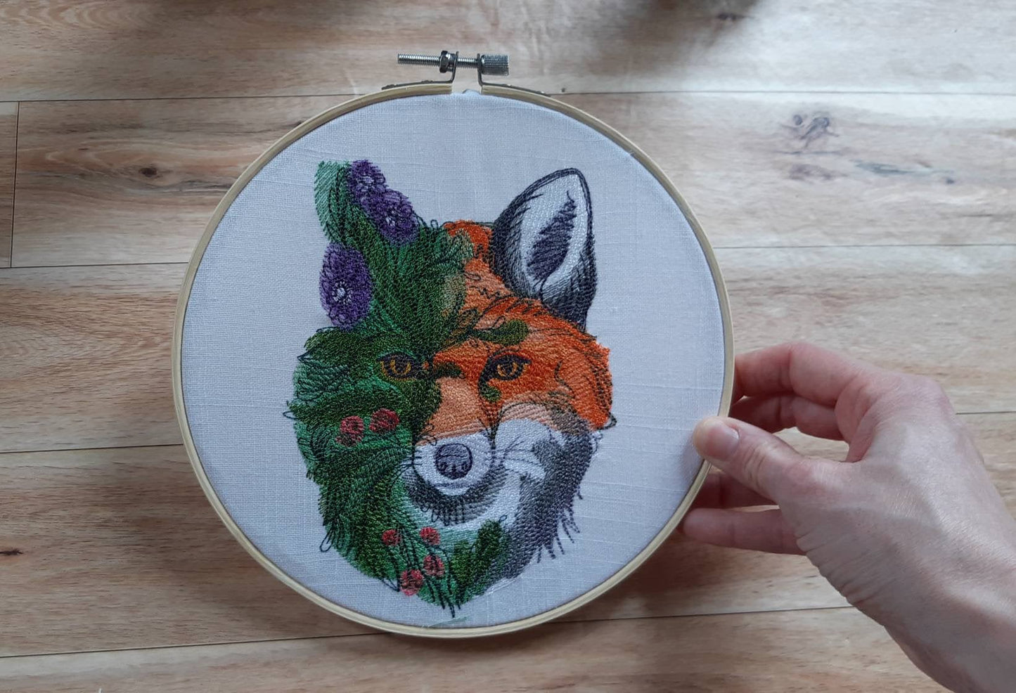 Flower Fox Embroidered Hoop Art, 8" Hoop