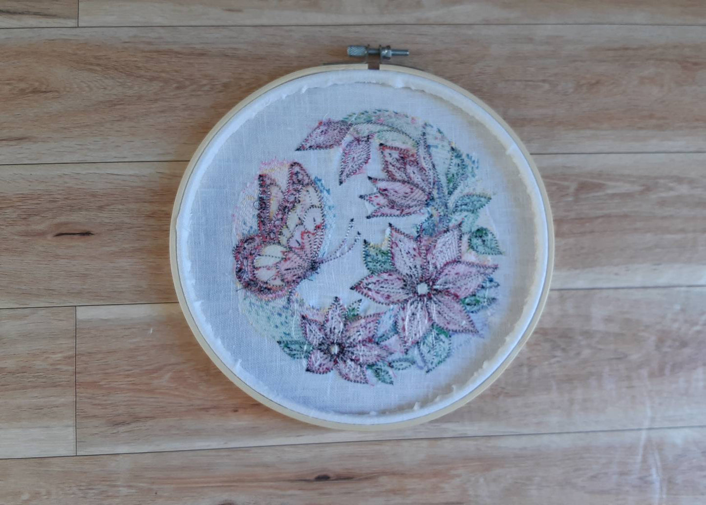 Pink Butterfly Wall Decor, Embroidered hoop art, 8 inch hoop