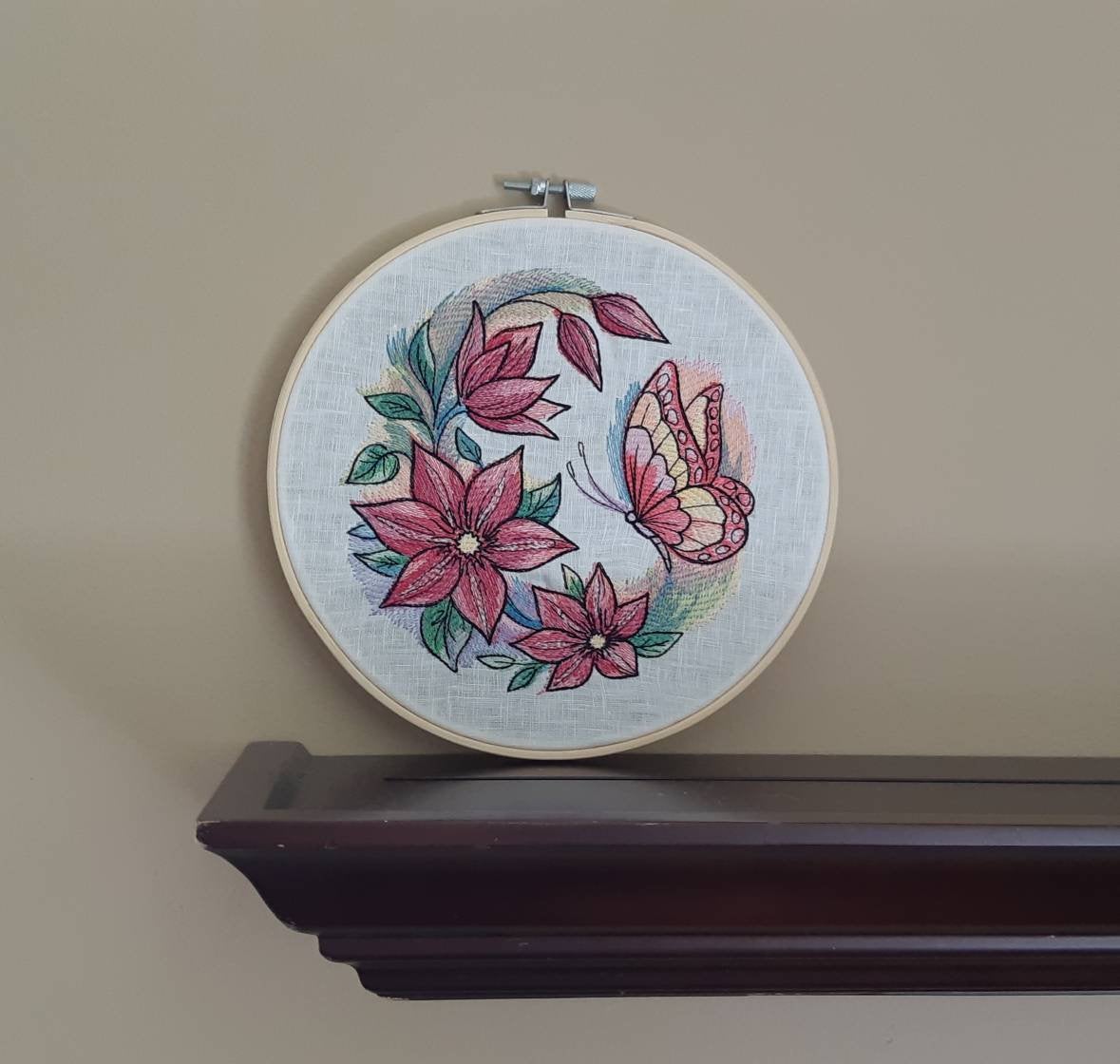 Pink Butterfly Wall Decor, Embroidered hoop art, 8 inch hoop