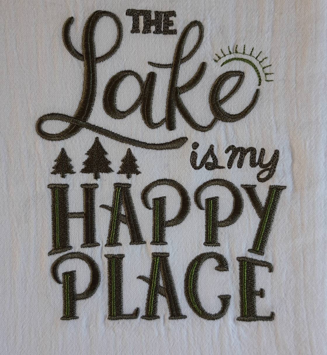 Embroidered The Lake is My Happy Place Flour Sack Towel