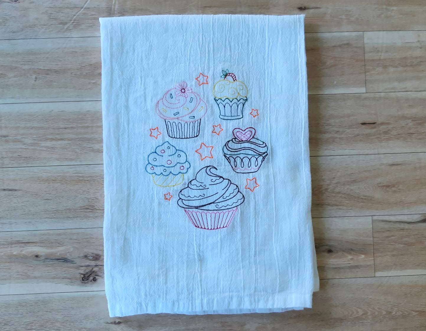 Embroidered Cupcake Tea Towel