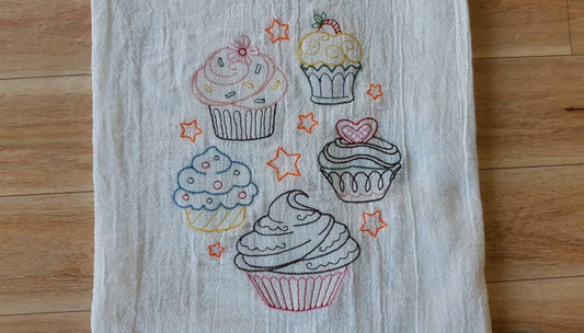 Embroidered Cupcake Tea Towel