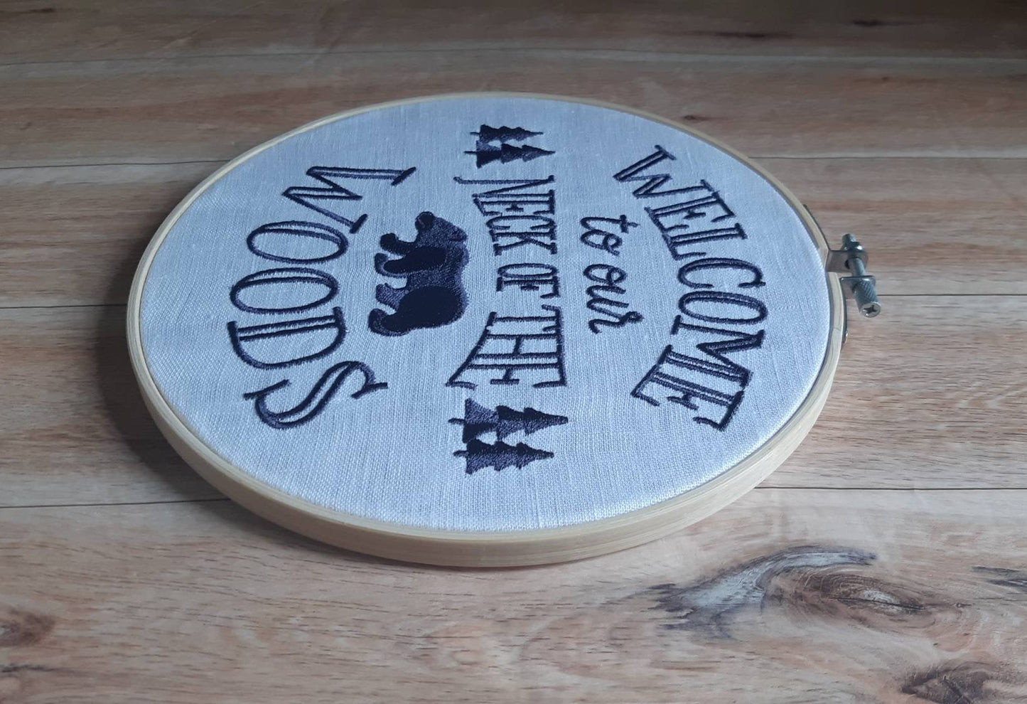 Welcome to Our Neck of the Woods Embroidered hoop art, 8 inch hoop