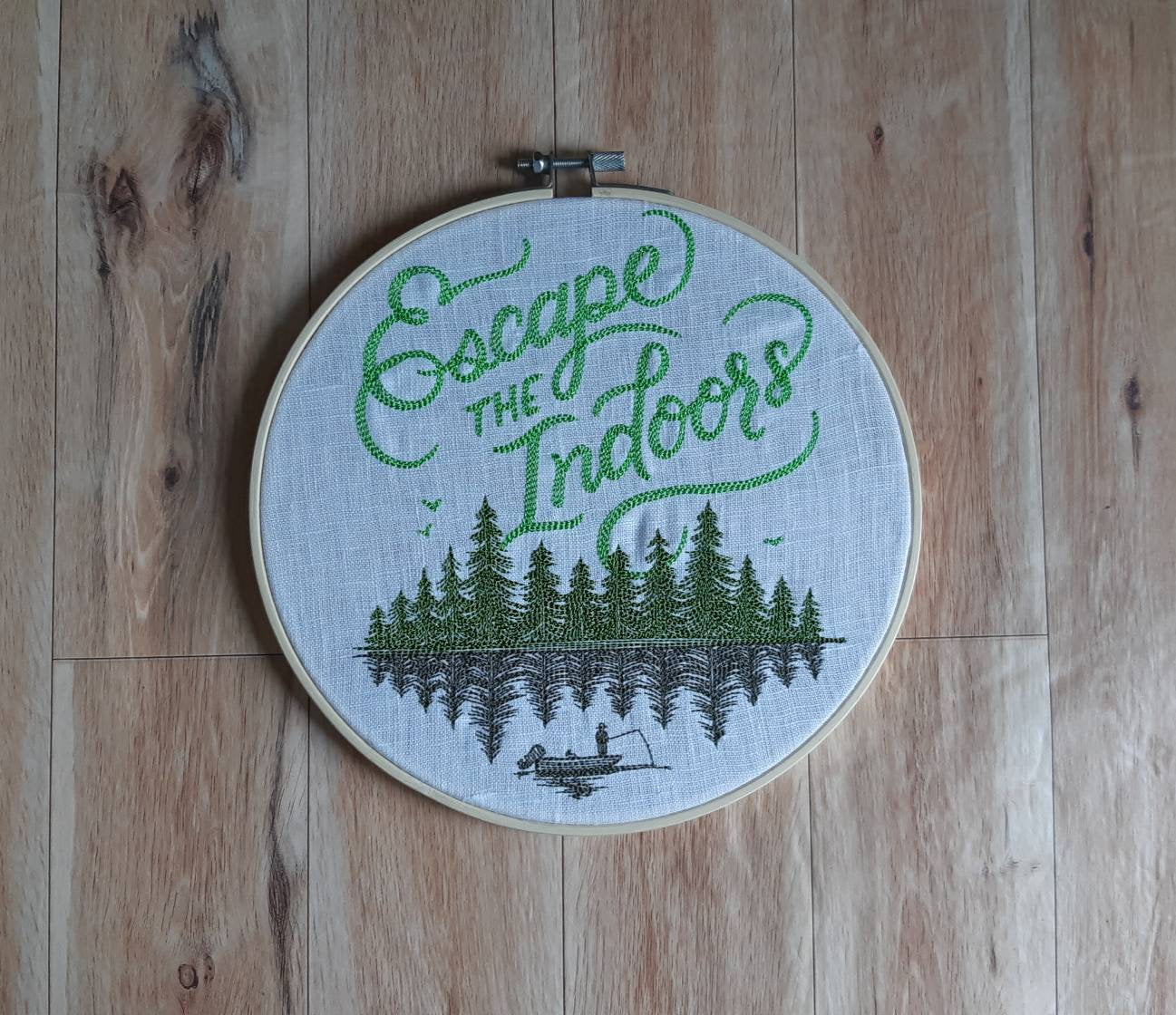 Escape the Indoors Embroidered hoop art, 8 inch hoop