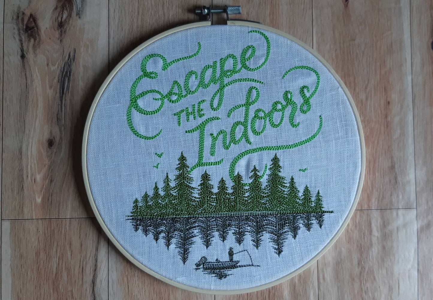 Escape the Indoors Embroidered hoop art, 8 inch hoop